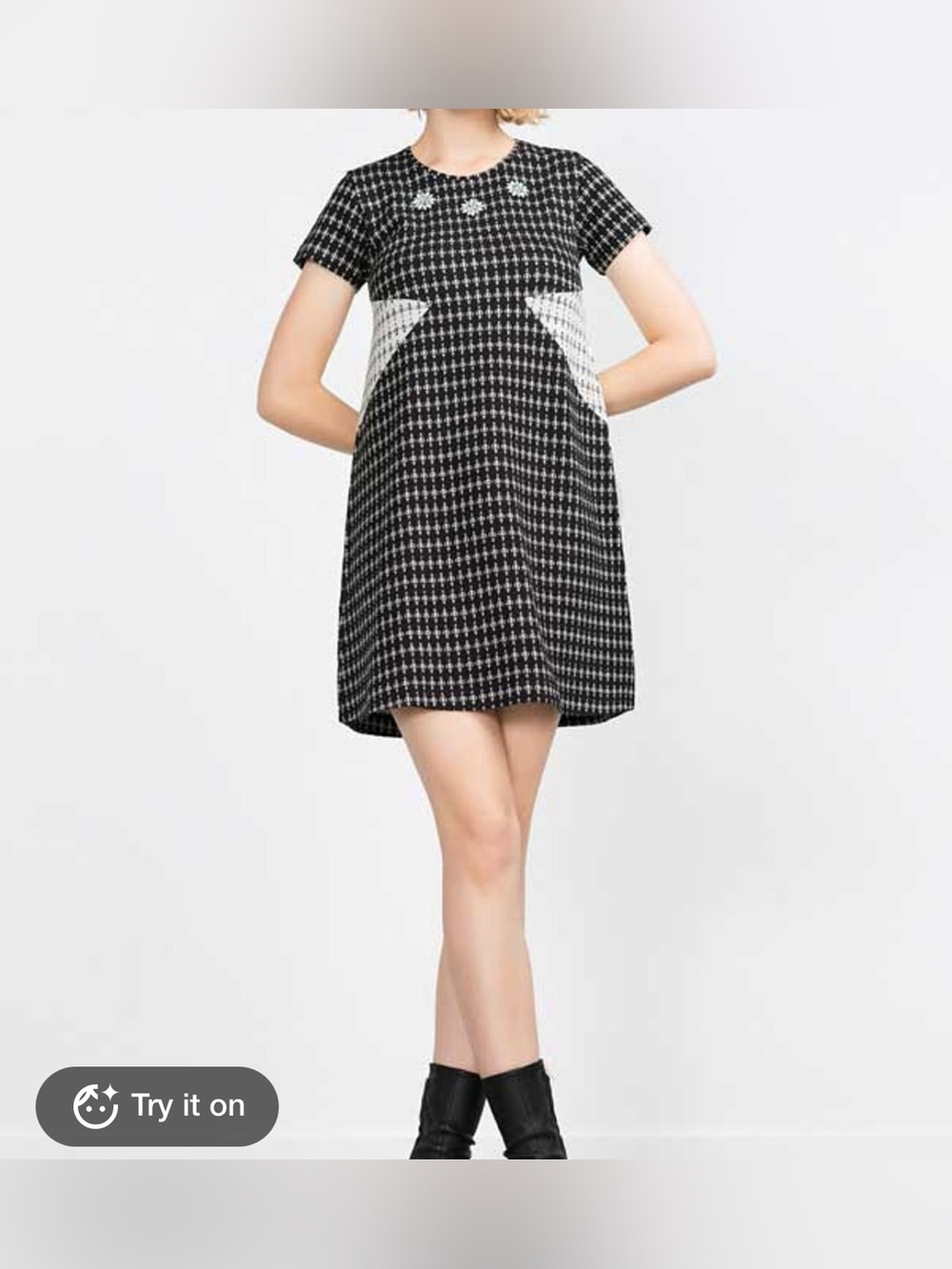Zara Black and White Houndstooth Short-Sleeve A-Line Dress
